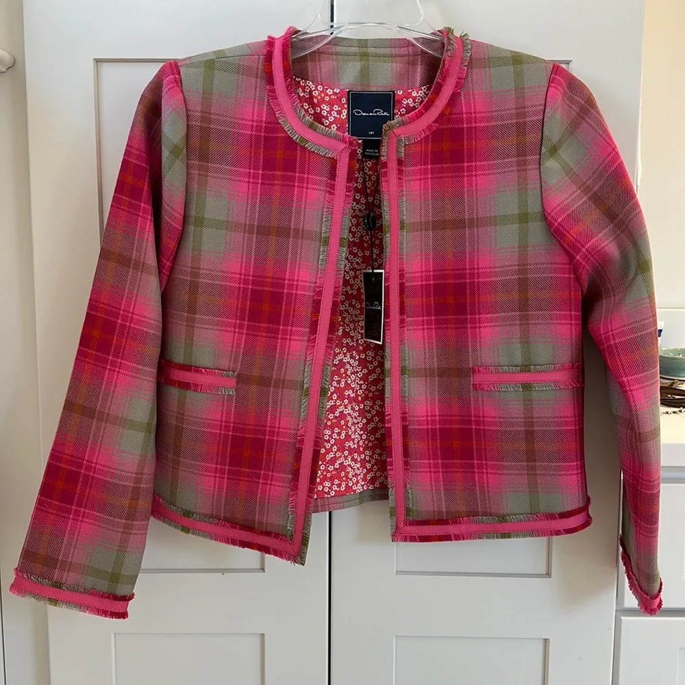 $295 NEW Oscar de la Renta Girls WOOL Jacket Hot Pink Green Plaid Blazer 14 Y - Picture 2 of 7